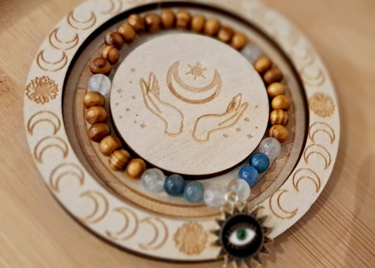 Bracelet Concentration & Harmonie – Cristal de roche, Apatite bleue, Bois