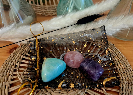 Pochon nuit paisible Amethyste Quartz rose Amazonite